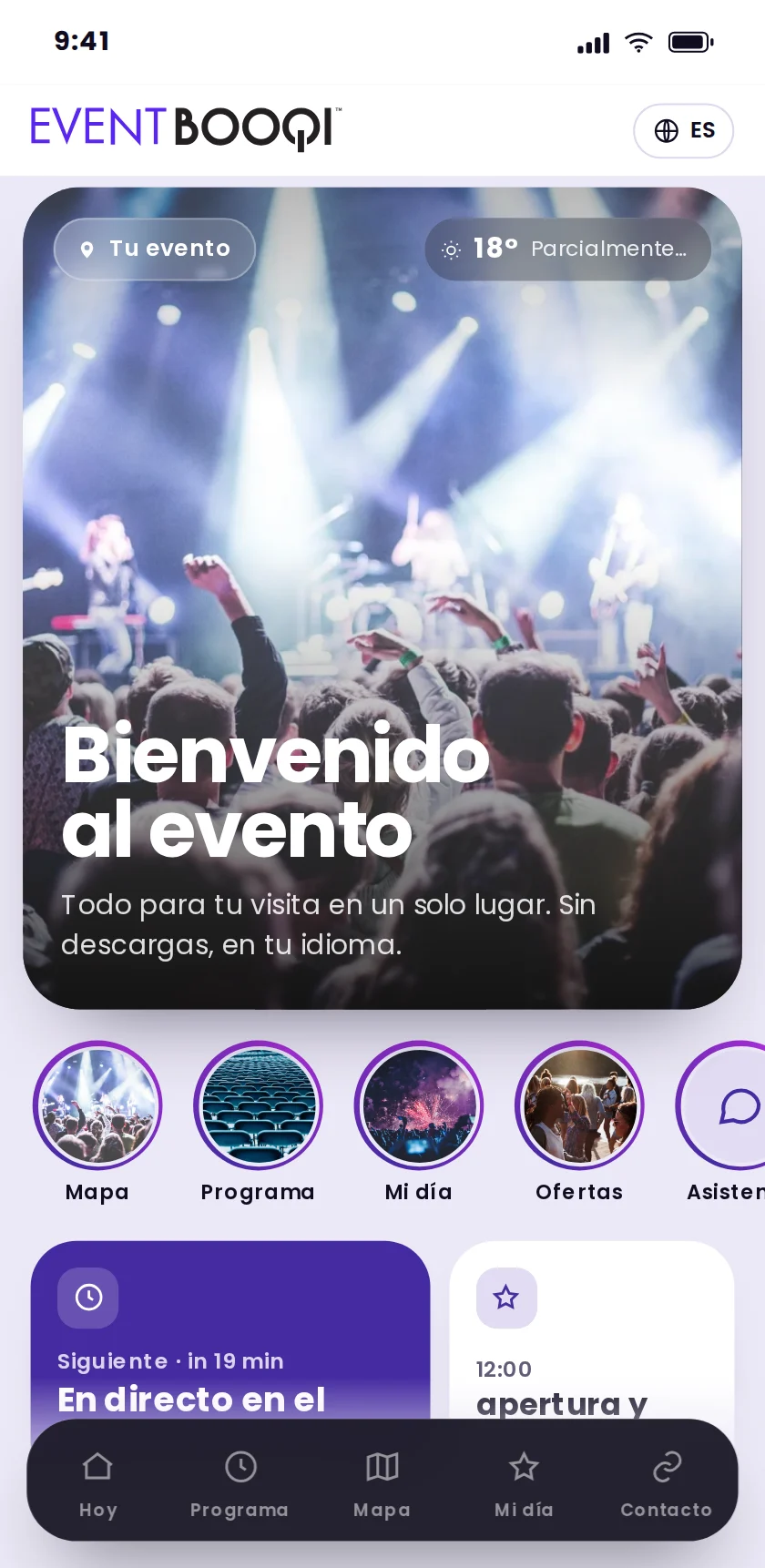 EventBooqi con la guía digital en un teléfono